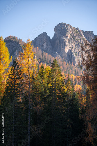 Autumn mountain landscape at Passo Giau in The Dolomites South Tyrol Italy