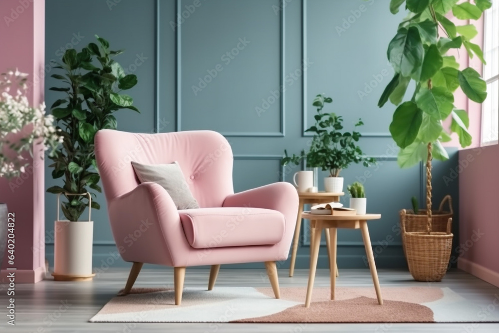 Modern living room interior with pastel pink armchair, plants and decorative elements