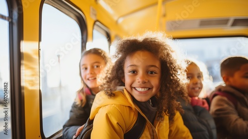 Portrait of elementary grade children sitting in school bus. Yellow bus taking children on sunny autumn day. Back to school concept.