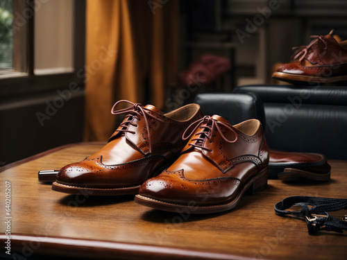 Fotografie, Obraz Une paire de chaussures en cuir, posées sur une table en bois.