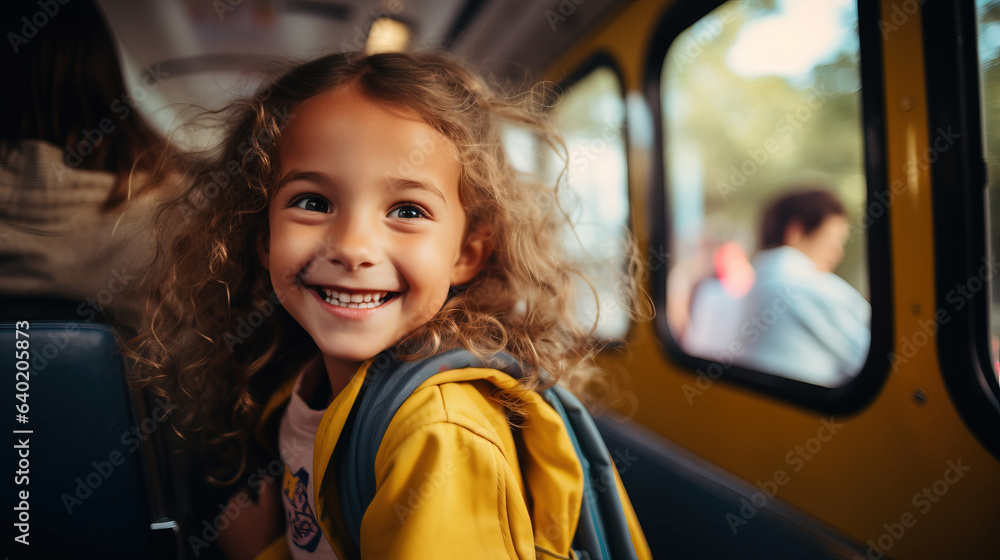 Portrait of elementary grade child sitting in school bus. Yellow bus taking children on sunny autumn day. Back to school concept. Portrait of elementary grade child sitting in school bus. Yellow bus taking children on sunny autumn day. Back to school concept.