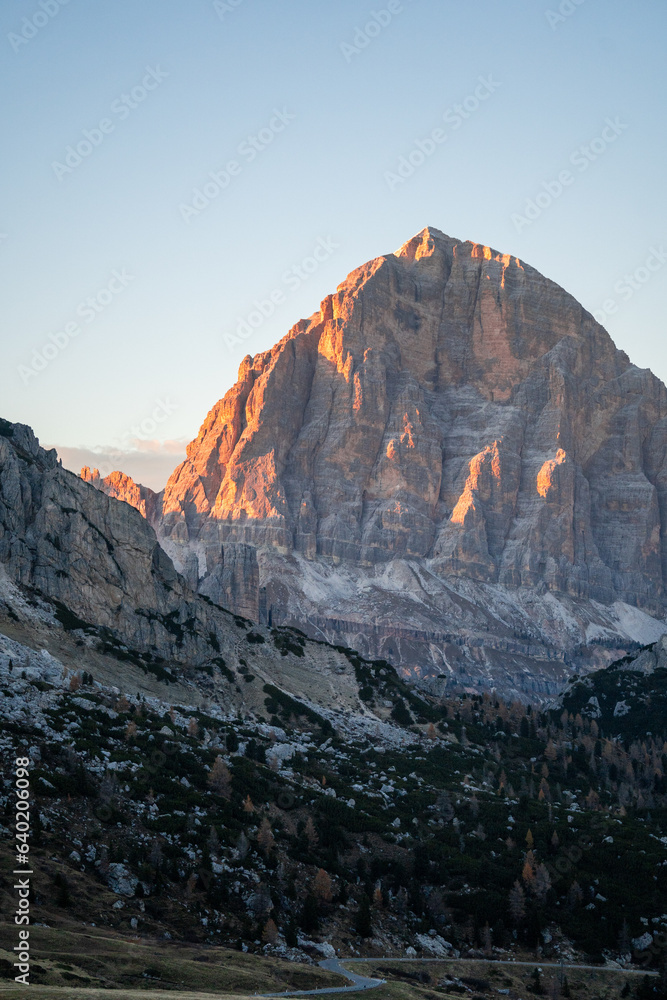 Fototapeta premium Sunset photo of mountain Nuvolau Averau, Passo Giau in Dolomites, Italy