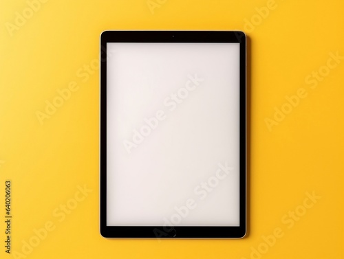 Top view of digital tablet screen mockup on a yellow background generative ai