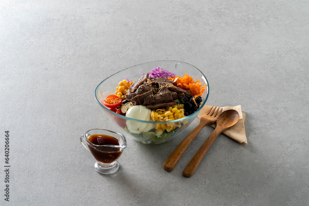 Fototapeta premium Korean food dish Shrimp, salad, anthracite, smoked duck, fan meat, beef