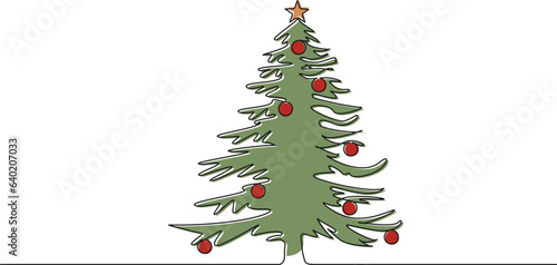 colorized continuous single line drawing of christmas tree, line art vector illustration