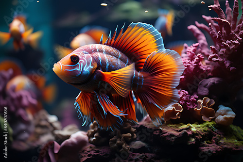 Colorful fish swimming in aquarium, close up, bright. © Cimutimut