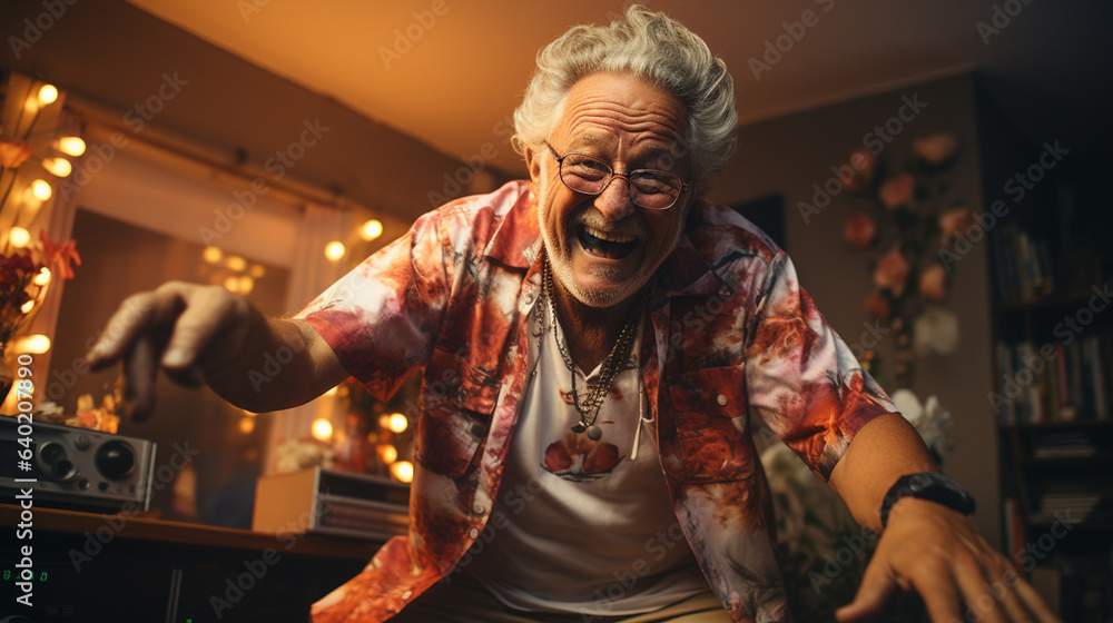 Elderly man dancing at home.