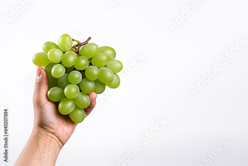 Hand holding green grapes bunch isolated on white background with copy space