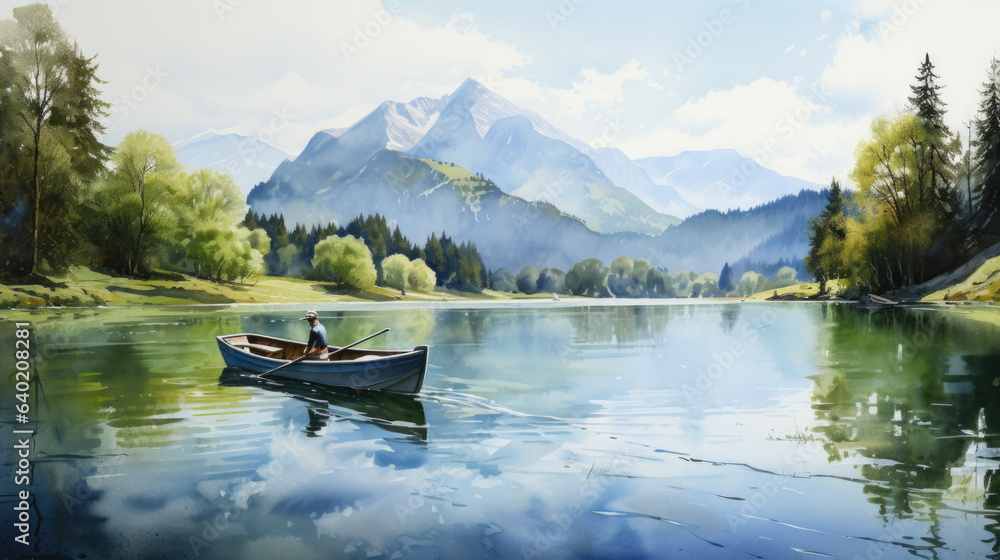 wooden boat on a beautiful calm lake with mountains and green forest in the background.