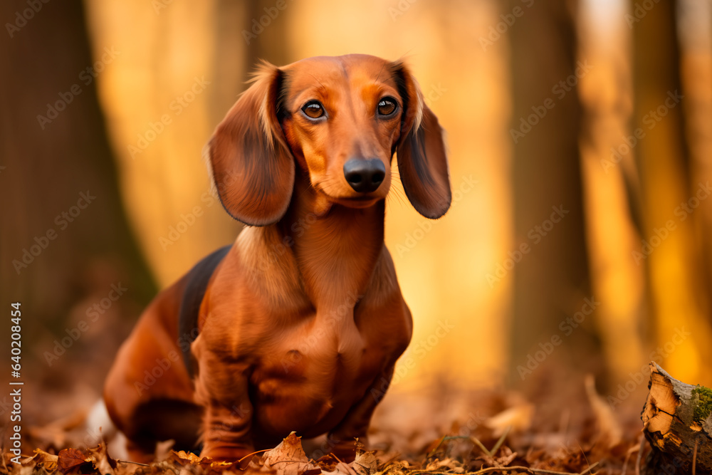 A dog of the dachshund breed on a natural background. A dog on a walk in the park