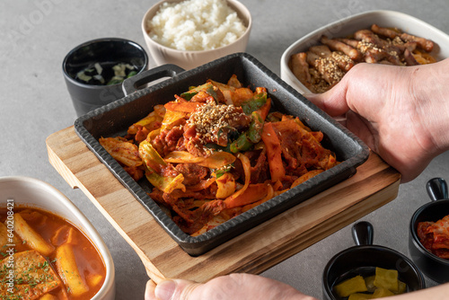 Tteokbokki, pork belly, jjolmyeon, iron plate, stir-fried pork Korean food dish