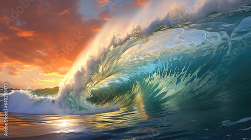 a breaking wave at sunset.