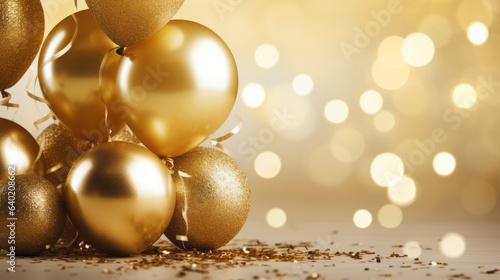 New Year celebration Festive background with falling confetti  balloons and bokeh lights.