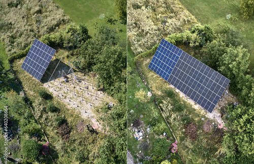 Top view of photovoltaic solar panels in grassy field before and after installation. Photo collage of male workers installing solar modules on metal structure and installed solar panel system.
