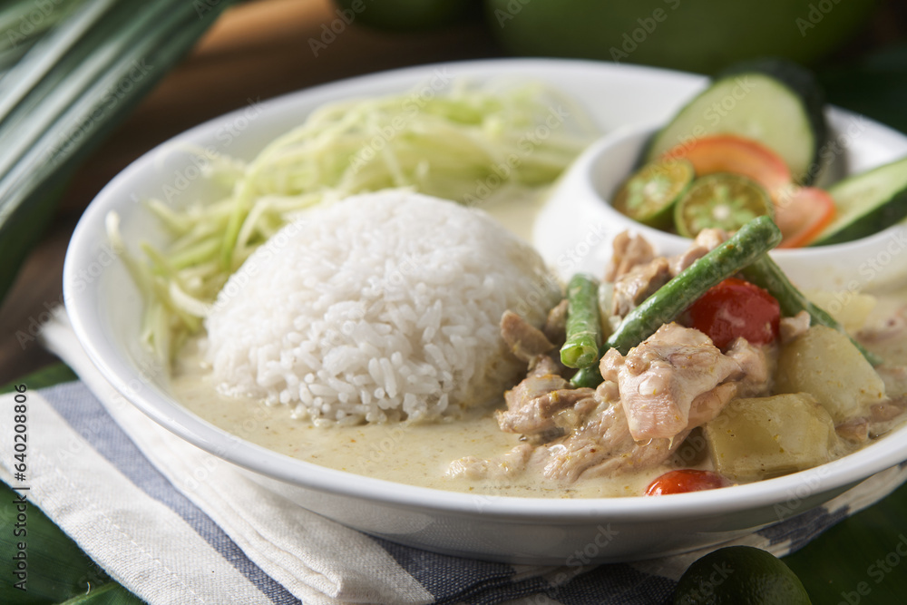 A Green Curry Vegetable Potato Chicken with Rice A Green Curry Vegetable Potato Chicken with Rice