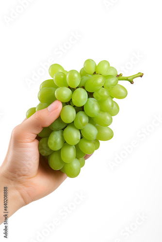 Hand holding green grapes bunch isolated on white background