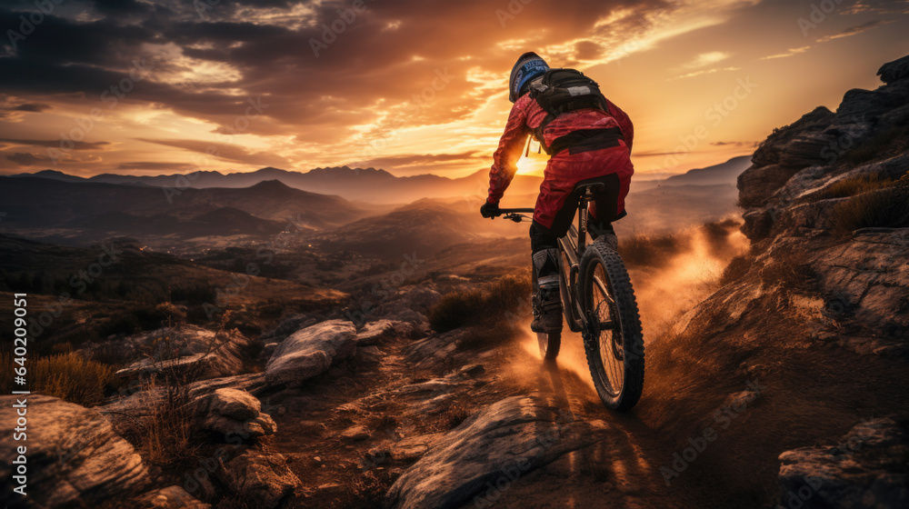 an athlete rides his mountain bike down a hill at a dramatic sunset. back view.