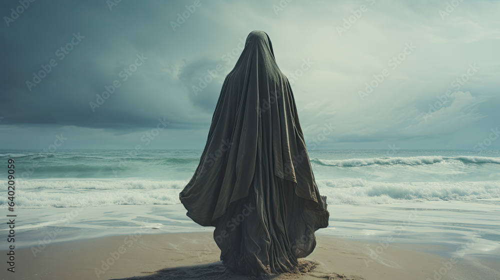 a person stands on a beach on a coast and looks out to sea. the person wears a cloak over the entire body. depression and mental illness concept. a person stands on a beach on a coast and looks out to sea. the person wears a cloak over the entire body. depression and mental illness concept.