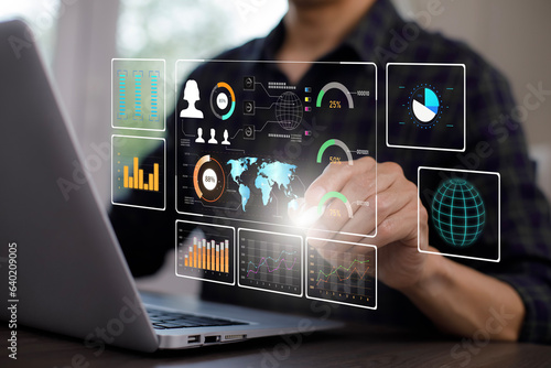 Working Data Analytics and Data Management Systems and Metrics connected to corporate strategy database for Finance, Intelligence, Business Analytics with Key Performance Indicators, social network