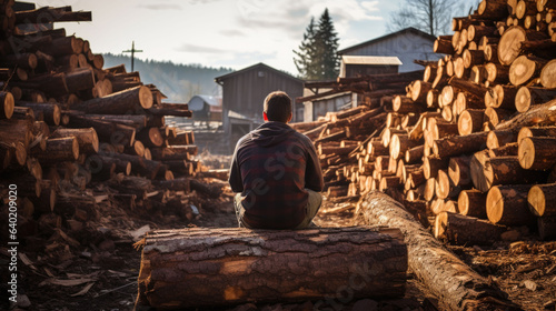 Fotografie, Obraz a man sits on a thick log in a sawmill. back view.