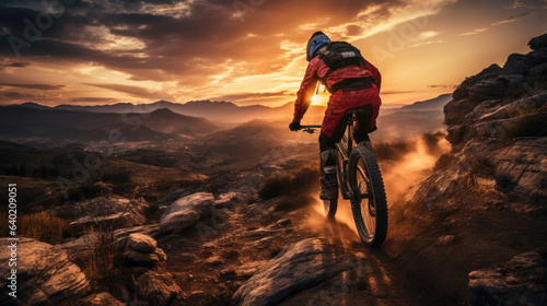 an athlete rides his mountain bike down a hill at a dramatic sunset. back view.
