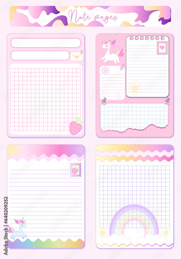 Daily reminder notes with unicorn on pink background for wish list, to do, meno