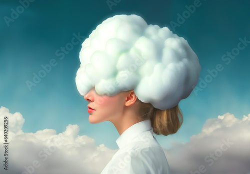 目元から頭に大きな雲のような泡を乗せた女性「AI生成画像」