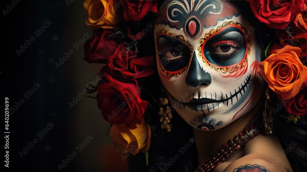 Festive make-up of a Mexican woman. Day of the Dead, Halloween. Concept of Katrina