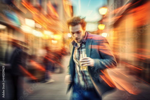 Alcohol addiction concept. Absolutely drunk man with a pint going from a pub, blurred vision, blurred picture 