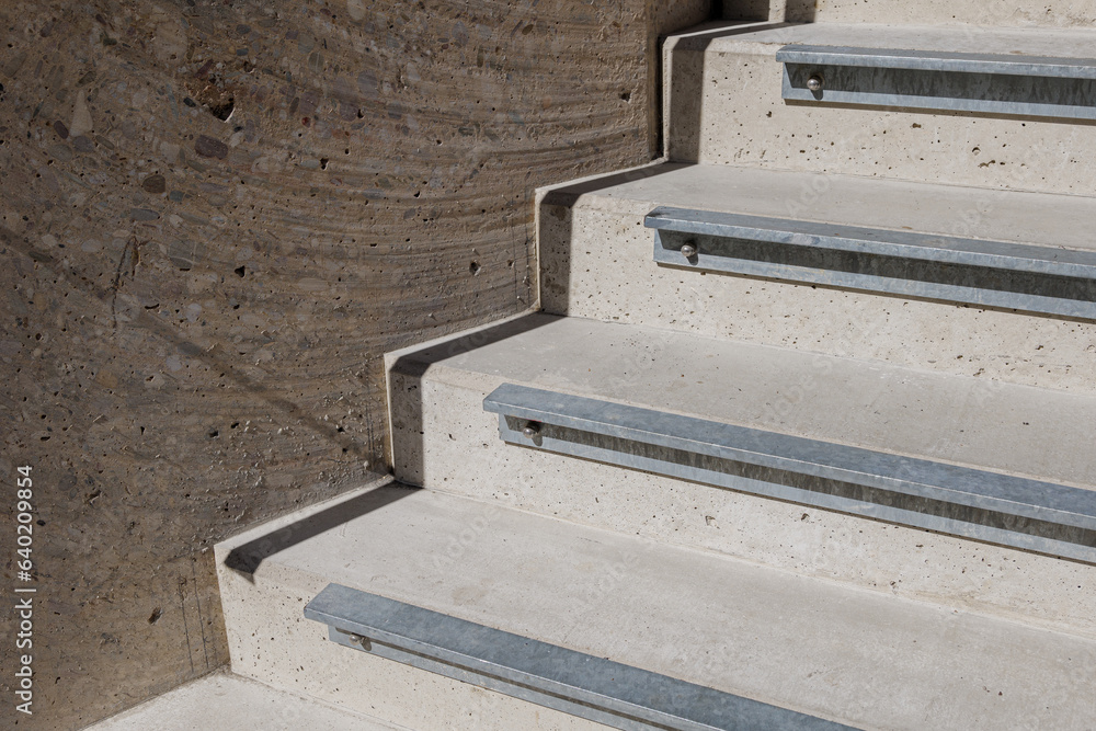 Selective focus detail of aluminum profile stair nosing for non slip