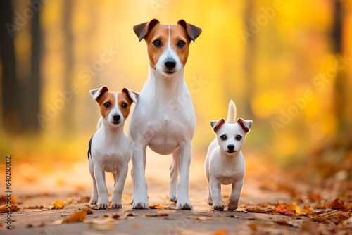 A beautiful family of Russell terrier dogs on a beautiful natural background