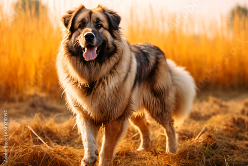 A dog of the Caucasian shepherd breed on a natural background. A dog on a walk in the park