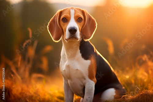 A beagle dog on a natural background. A dog on a walk in the park © Uliana