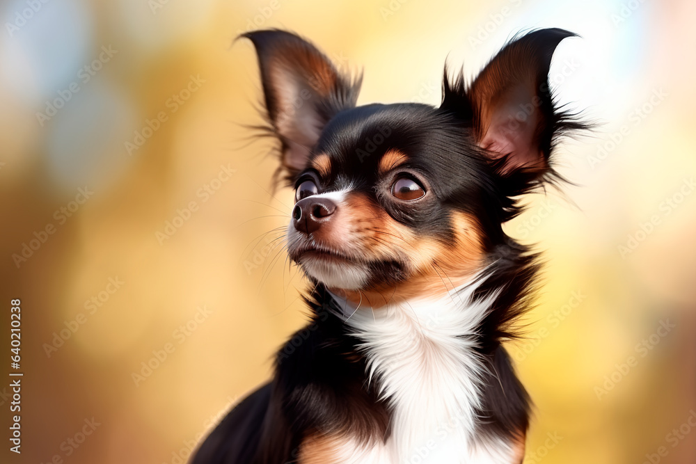 A dog of the Chihuahua breed on a natural background. A dog on a walk in the park