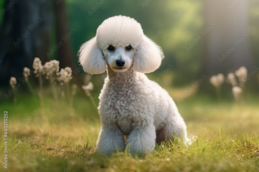 A beautiful poodle dog on a beautiful natural background. The dog is walking in the park A beautiful poodle dog on a beautiful natural background. The dog is walking in the park