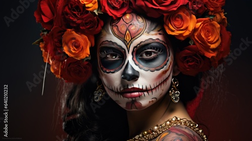 Festive make-up of a Mexican woman. Day of the Dead, Halloween. Concept of Katrina © Hryhor Denys