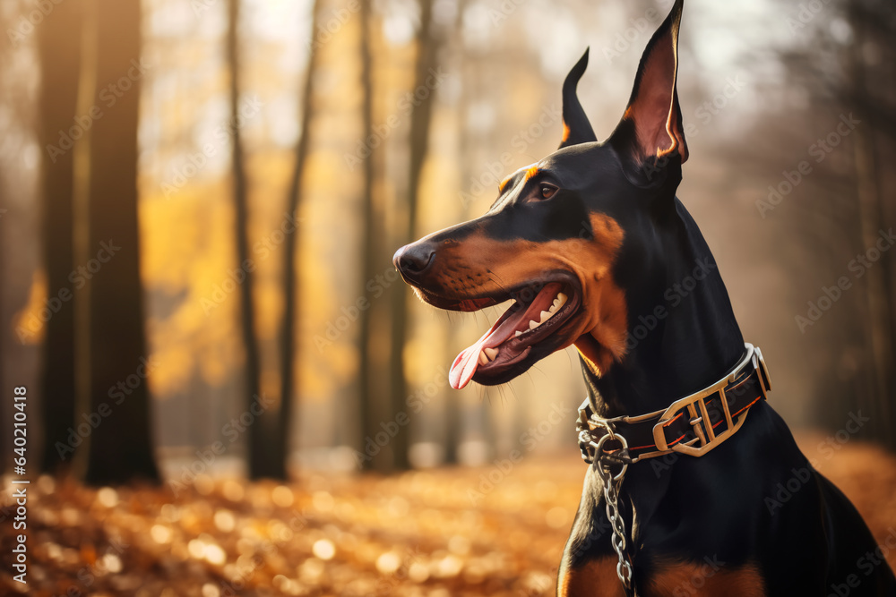 A beautiful Doberman dog on a beautiful natural background. A dog in the park on a walk