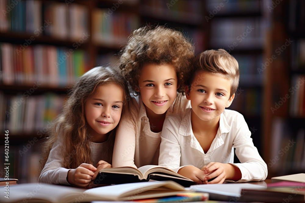 Schoolchildren in the library read books against the background of blurry white shelves with books, generative artificial intelligence Schoolchildren in the library read books against the background of blurry white shelves with books, generative artificial intelligence