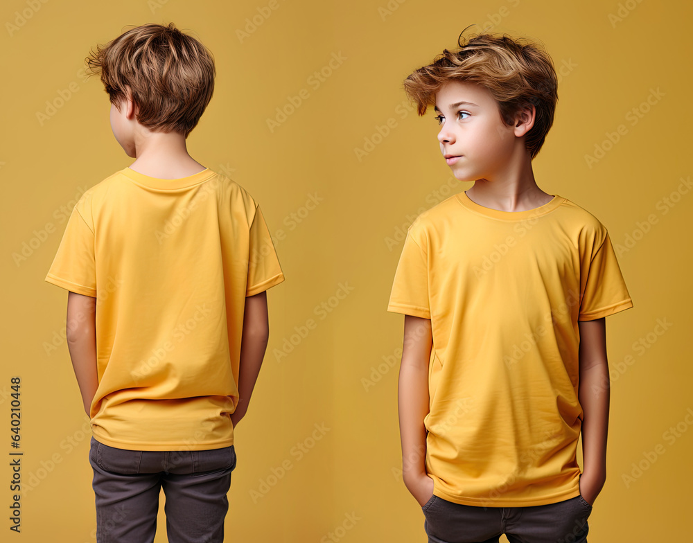 Front and back views of a little boy wearing a yellow T-shirt Front and back views of a little boy wearing a yellow T-shirt