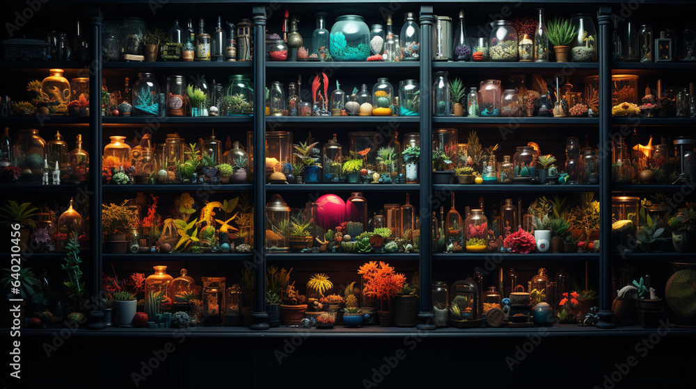 Many little objects arranged in rows on shelves.