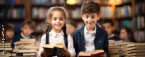 Blurred schoolchildren in the library read books against the background of blurry white shelves with books, generative artificial intelligence