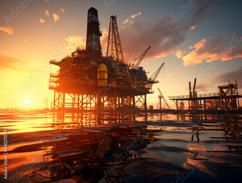 Oil pump oil rig energy industrial machine for petroleum in the sunset background for design. AI generated