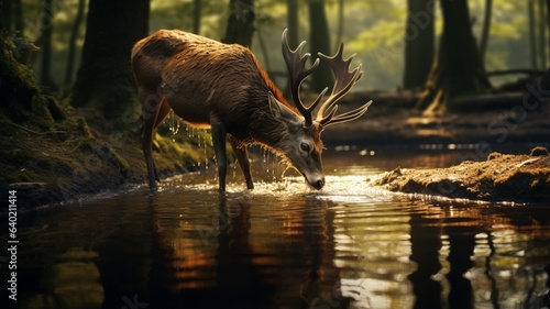 Beautiful deer drinking water animal forest wallpaper image Ai generated art
