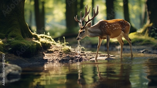 Beautiful deer drinking water animal forest wallpaper image Ai generated art