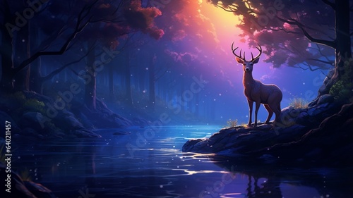 Beautiful deer magic color with glowing horns wallpaper image Ai generated art