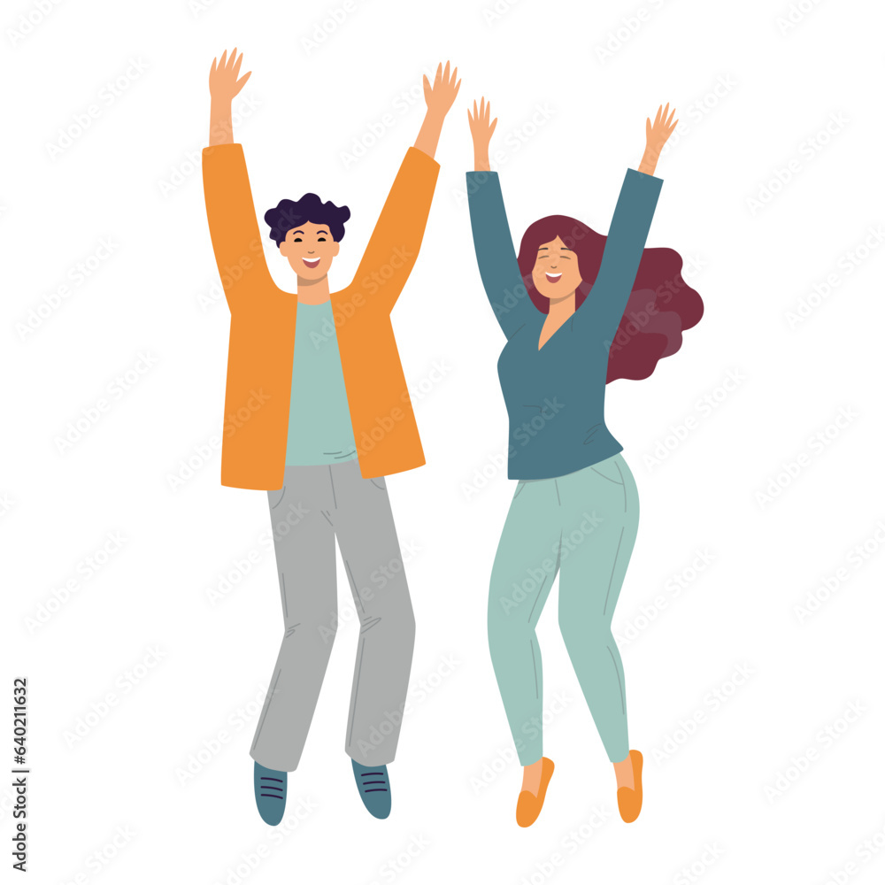 Happy jumping man and woman. Flat vector illustration isolated on white background Happy jumping man and woman. Flat vector illustration isolated on white background