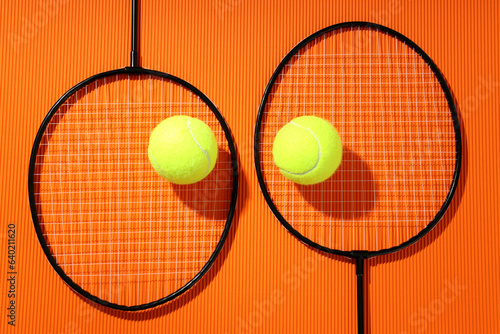 Badminton rackets and tennis balls on textured orange background © Atlas