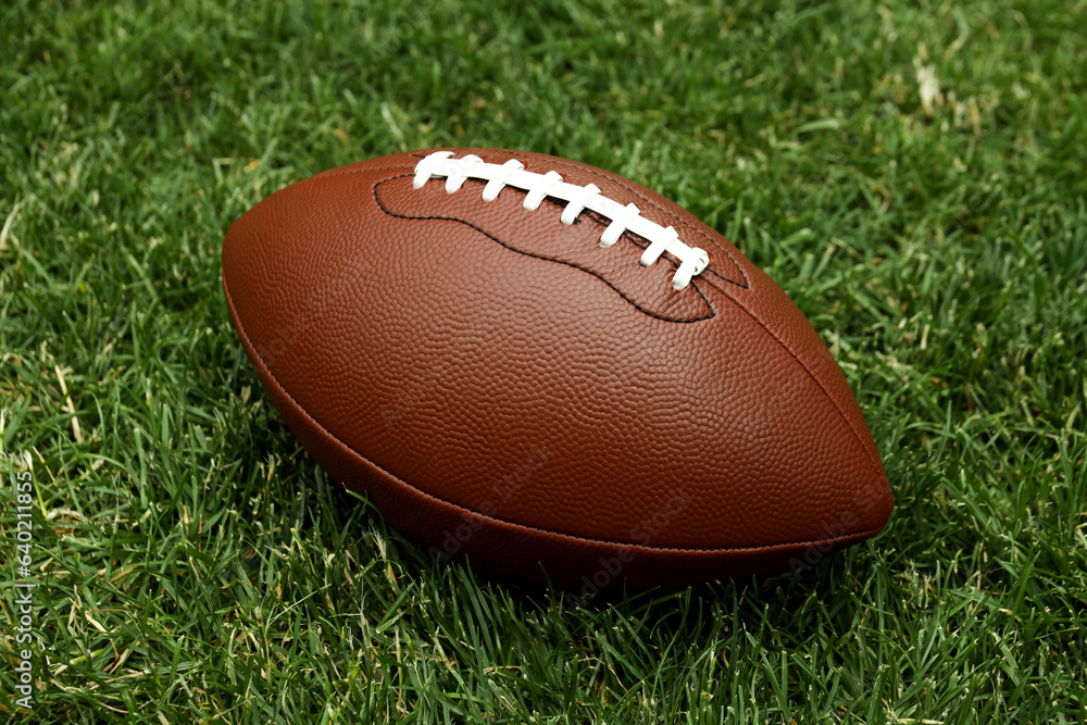 Obraz premium American football ball on green grass background