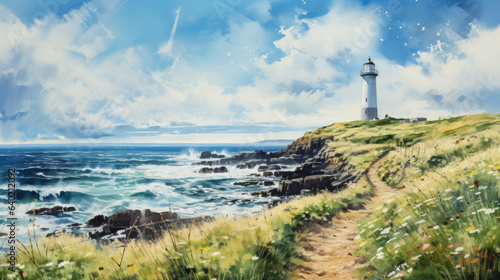 creative watercolor illustration of a lighthouse on a rough coast by the sea.