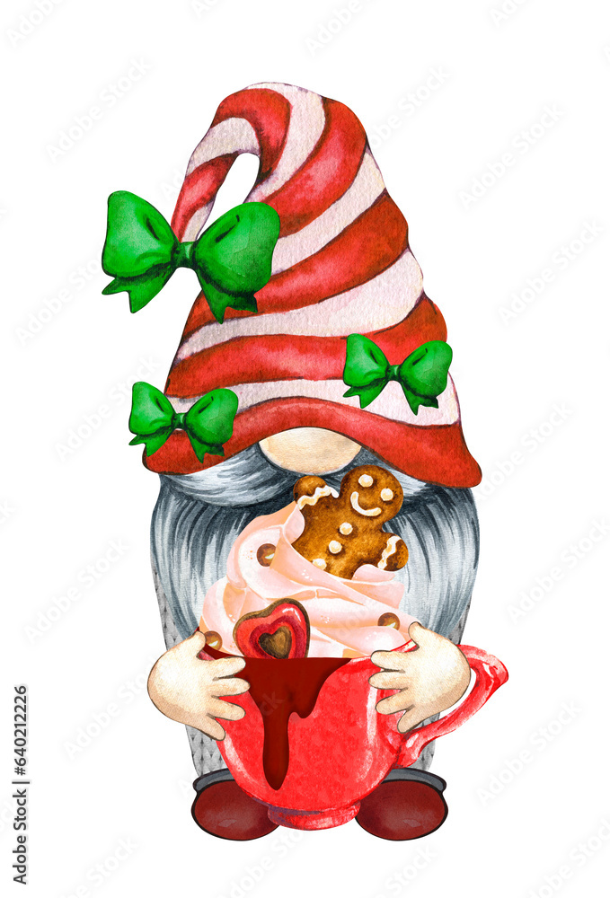 Christmas Gnome. Merry Christmas Gnome. Gift Gnome. Watercolor Gnome
